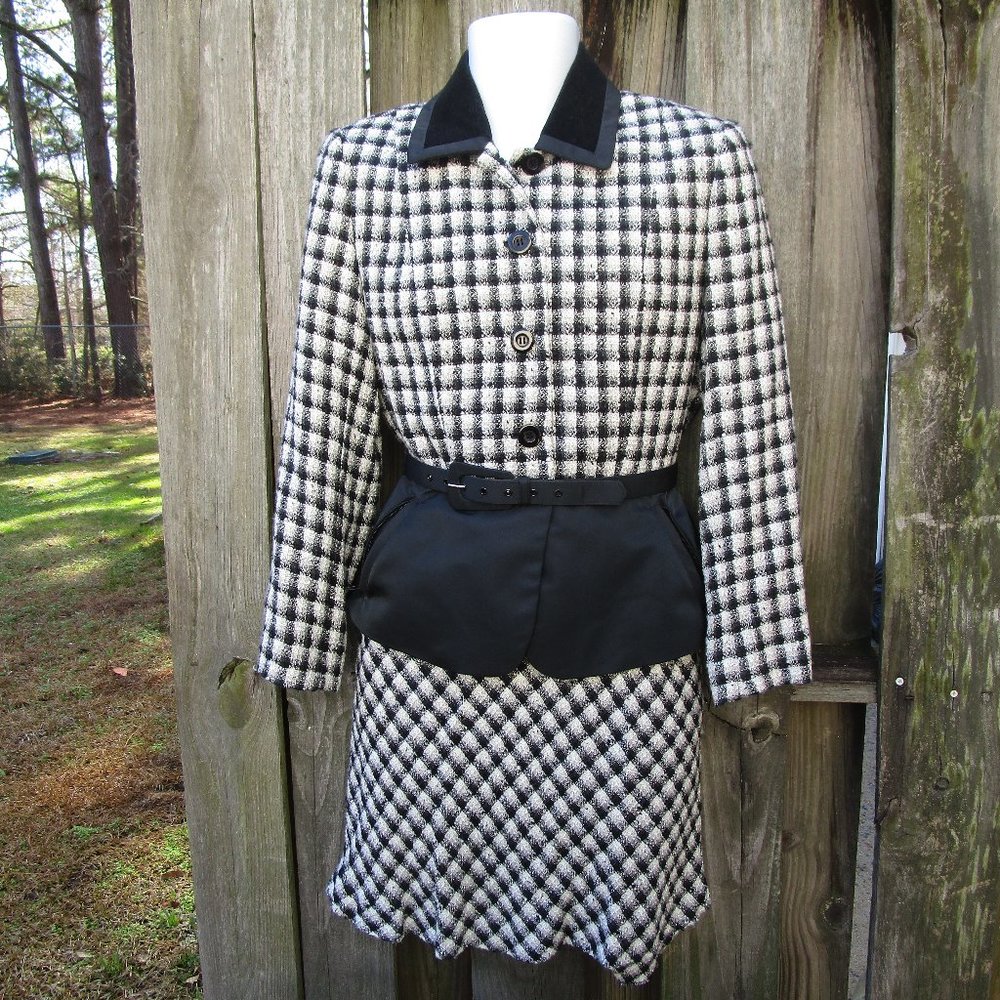 Vintage Magaschoni Apparel Group Blazer Skirt Belt Set Black White Gingham 6/8